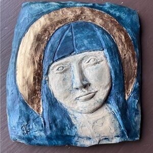 Signed Ceramic Relief Sculpture Plaque of The Virgin Mary Gold Turquoise Cream